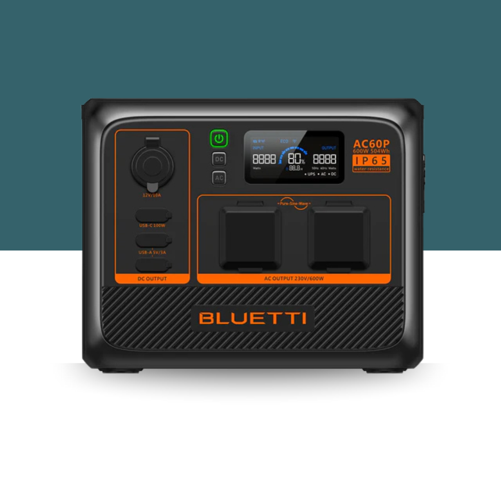 Front-facing view of the Bluetti portable power station with illuminated LCD display and dual AC outlets against a two-tone blue and white background.