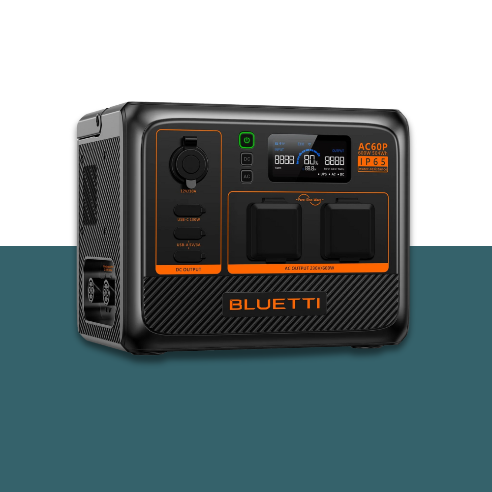 Angled side view of the Bluetti unit showing ports and cooling vents, positioned on a blue and white background.