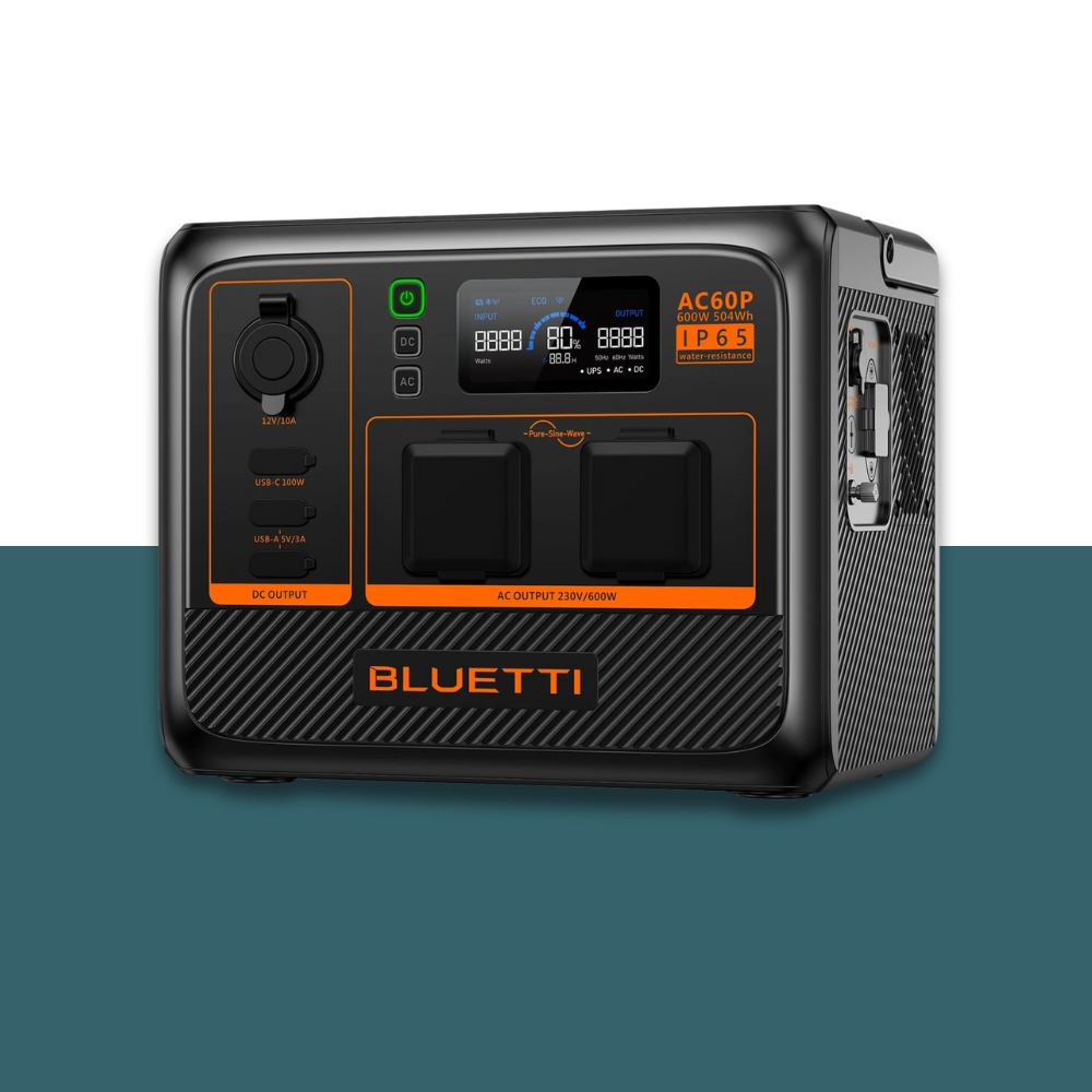 Right-side perspective of the Bluetti power station highlighting the AC output and input panels.
