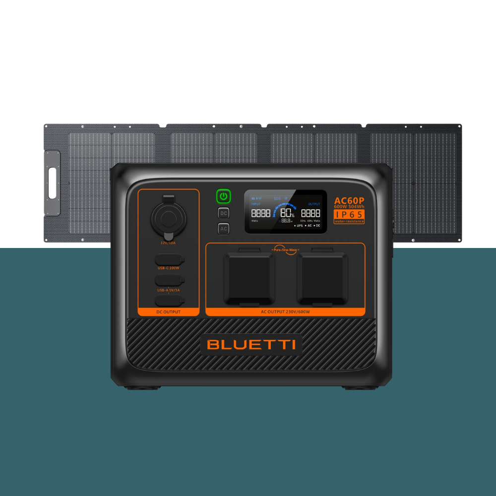 Bluetti unit connected to foldable solar panels placed on a two-tone background, representing solar charging capability.