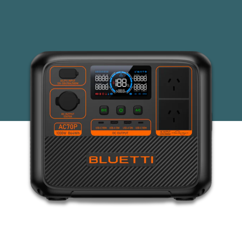 Direct front-facing product view of Bluetti power station on a blue and white background, clearly showing all ports and labels.