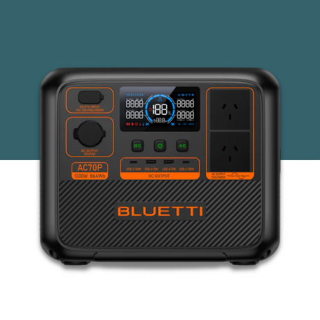 Direct front-facing product view of Bluetti power station on a blue and white background, clearly showing all ports and labels.