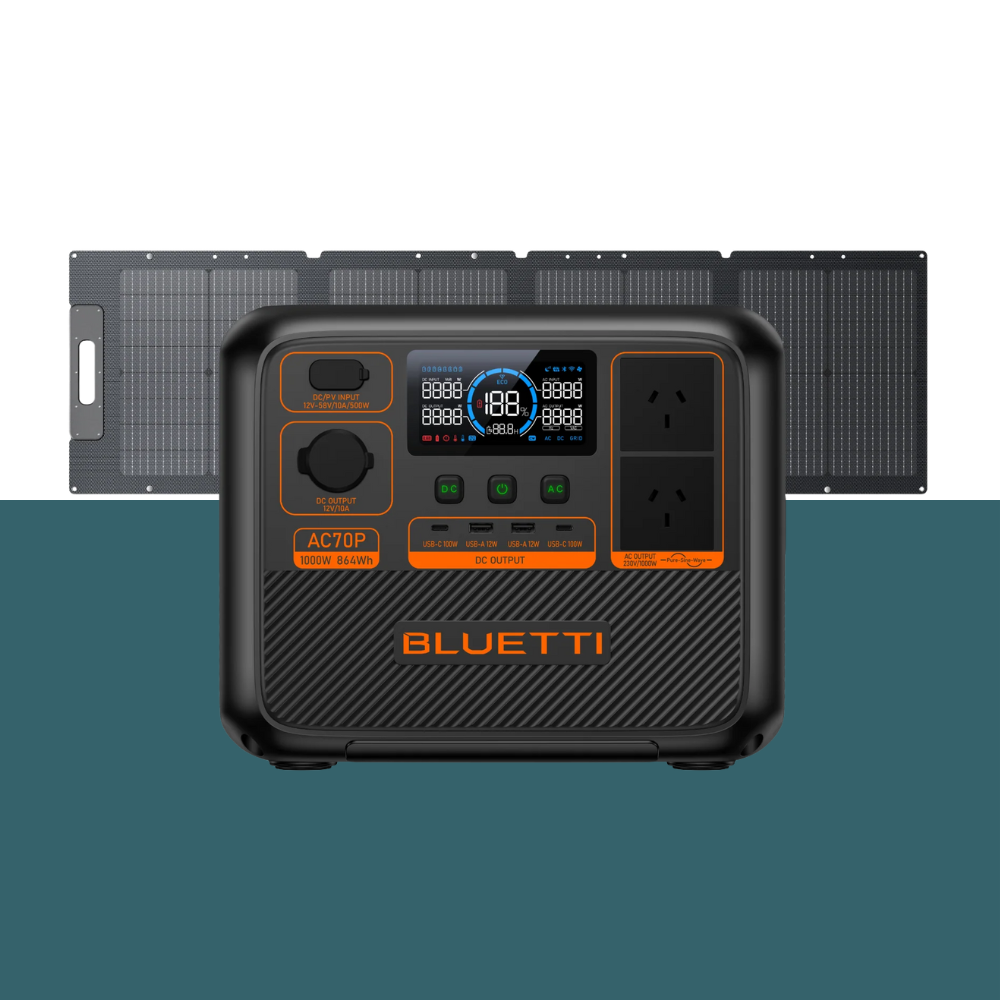 Bluetti unit connected to solar panels on a blue and white backdrop, highlighting eco-friendly charging options.