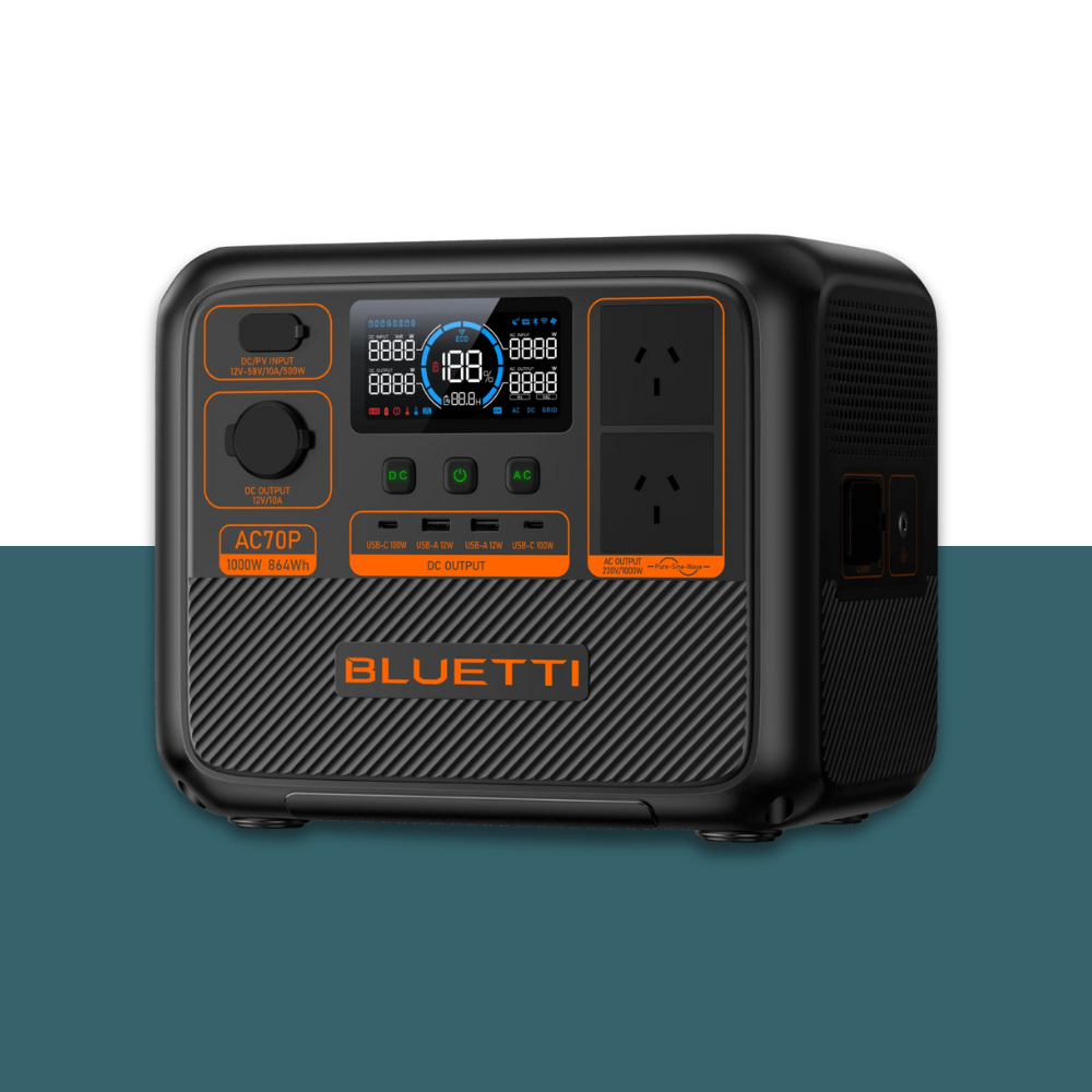 Front view of Bluetti unit focusing on digital display and interface, with orange and black branding.