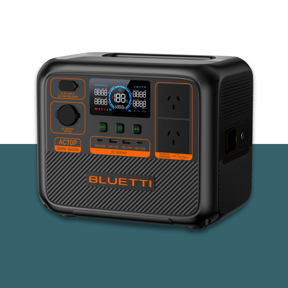 Angled front-left view of the Bluetti portable power station on a blue and white background, showing display, control buttons, and outlets.