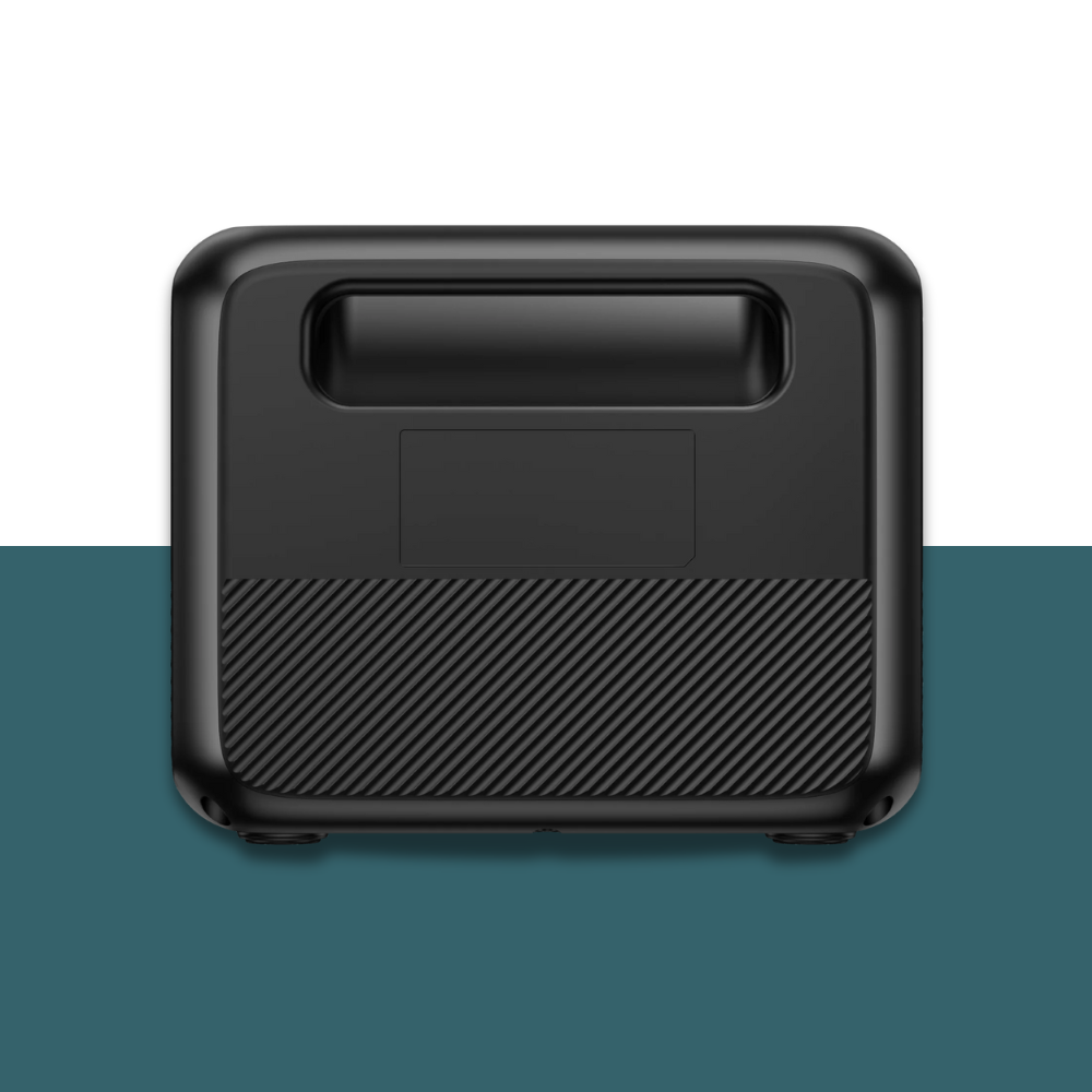 Rear view of the Bluetti power station showing the carrying handle and minimal design against a solid background.