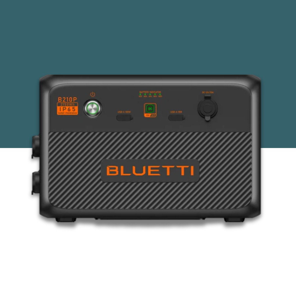 Front-facing view of Bluetti portable power station showing control buttons, LED indicators, and outlet ports on a blue and white background.