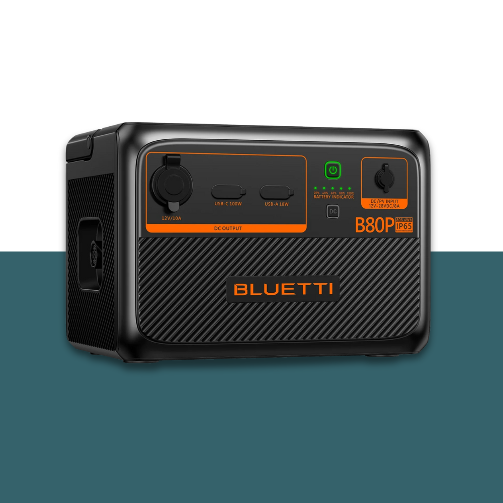 Angled front-left view of Bluetti BB90P portable power station on a blue and white background, showing ports and branding.