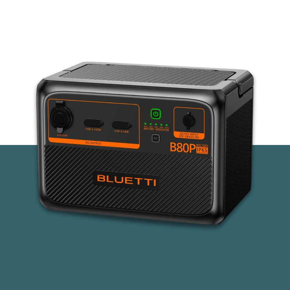 Right-angled view of Bluetti power station with compact, rectangular shape and dual AC outlets.
