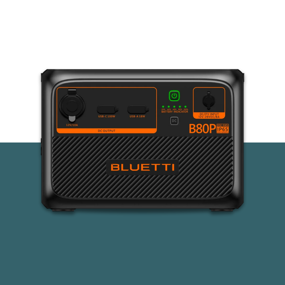 Side view of Bluetti power station with all ports and branding visible on blue and white background.