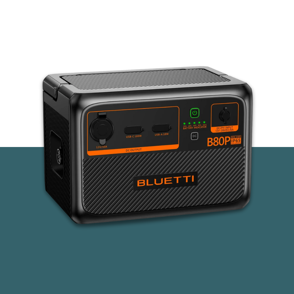 Front view of Bluetti BB90P showing 600W label, placed on a stylised two-tone background.