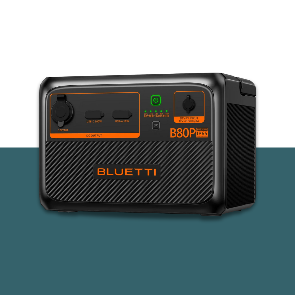 Angled view of Bluetti power station revealing the side cooling vents and green power indicator.