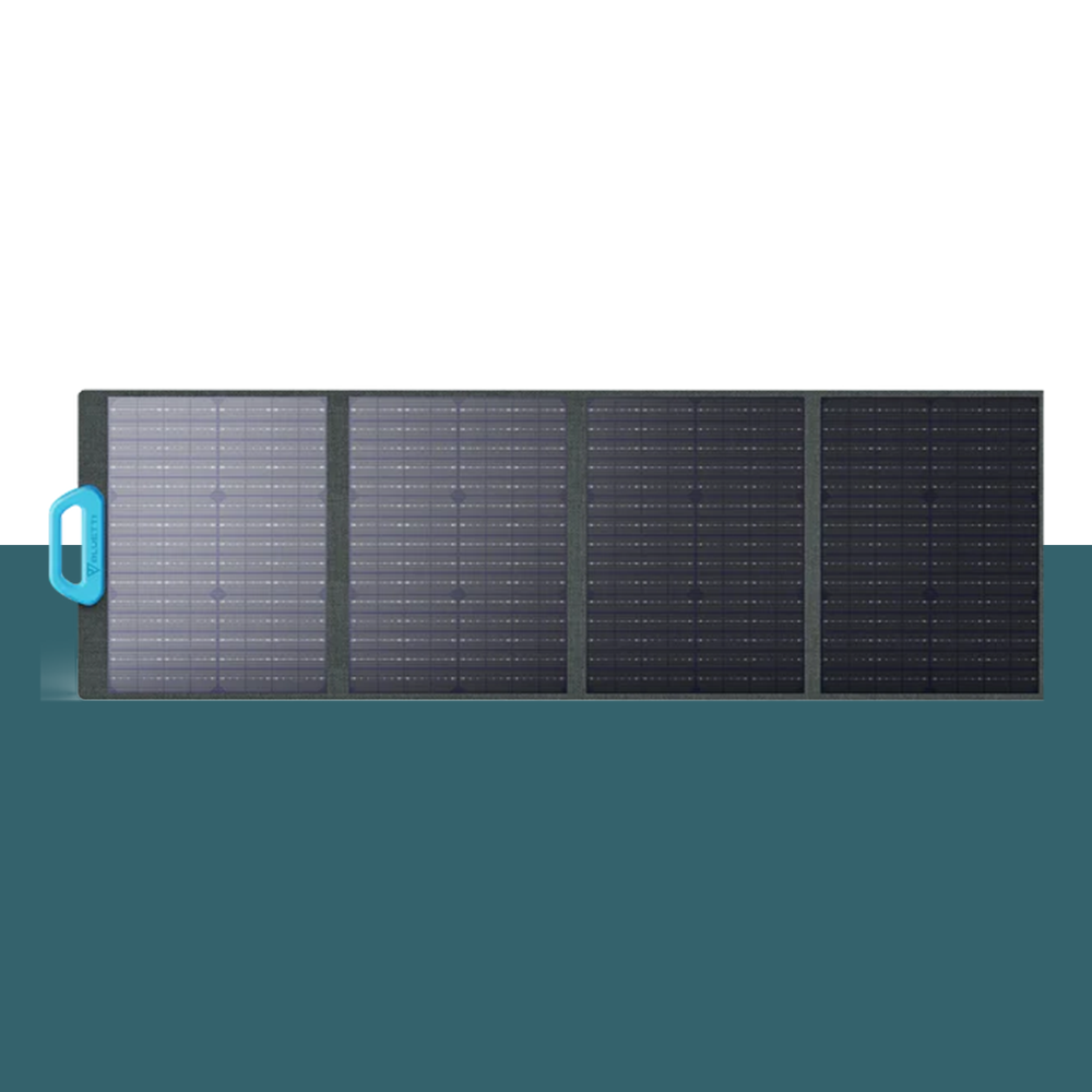 A fully unfolded BLUETTI 120W solar panel with a blue ergonomic handle. Its high-quality monocrystalline cells promise efficiency in harnessing sunlight