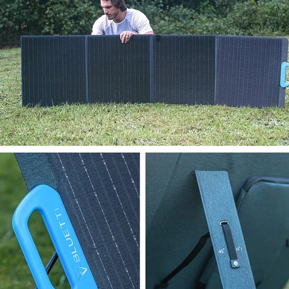 A man sets up the foldable BLUETTI solar panel in an open grassy field. Close-up insets showcase the ergonomic blue handle and adjustable kickstand for optimum solar angle