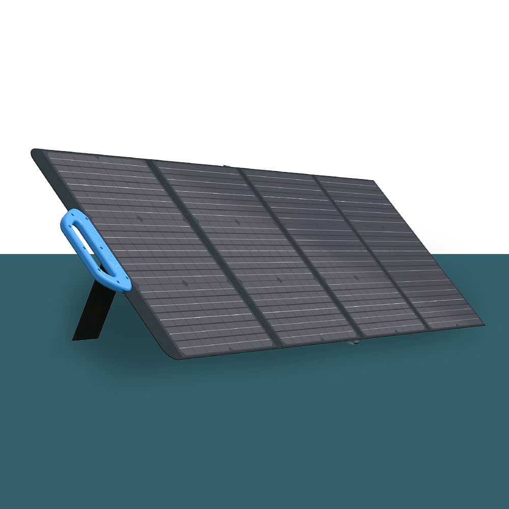 A side view of the solar panel on its kickstand, angled for optimal sunlight capture. The sturdy stand adds to its practicality