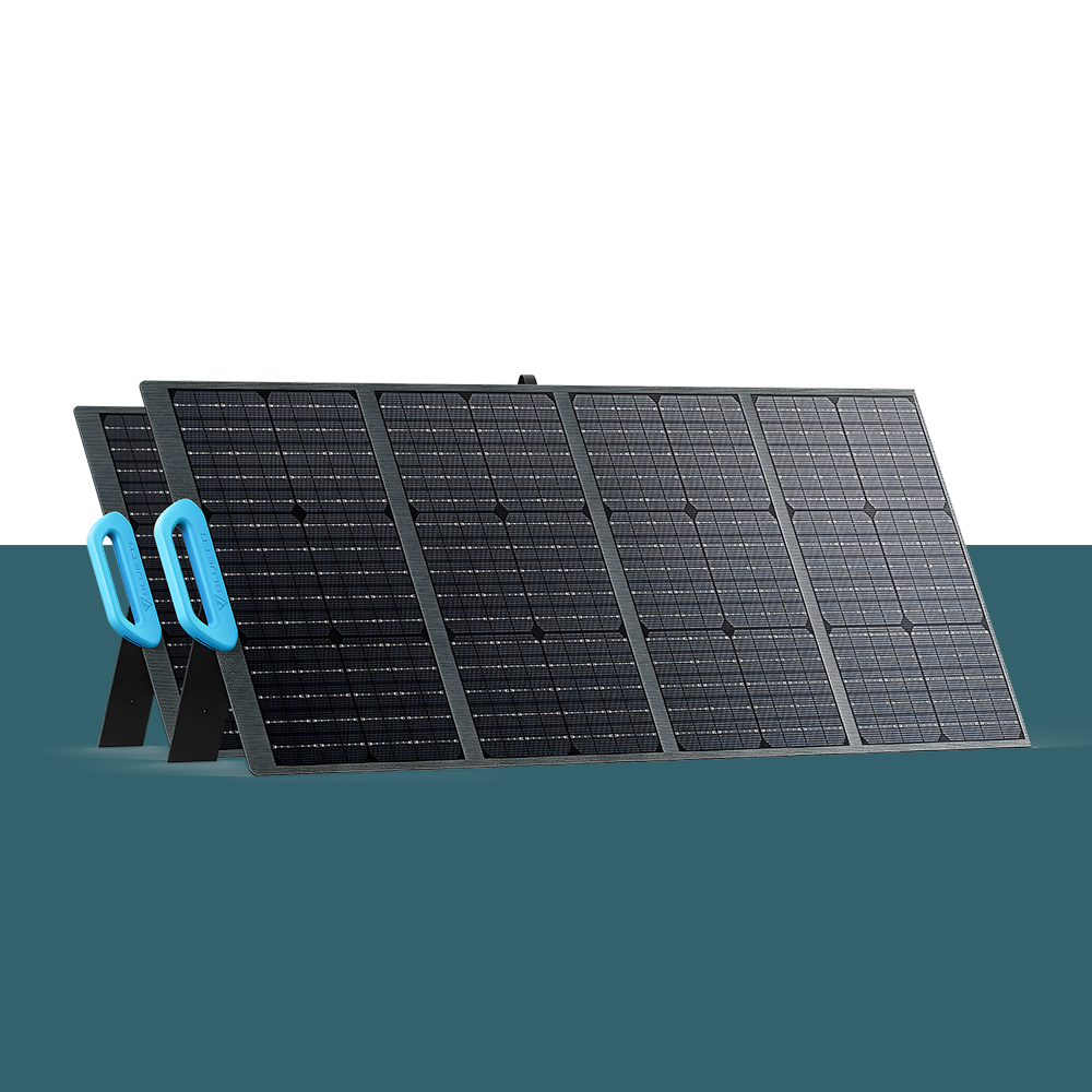 Multiple BLUETTI panels set up in parallel, emphasizing the scalability and robust construction of the panels for larger power needs