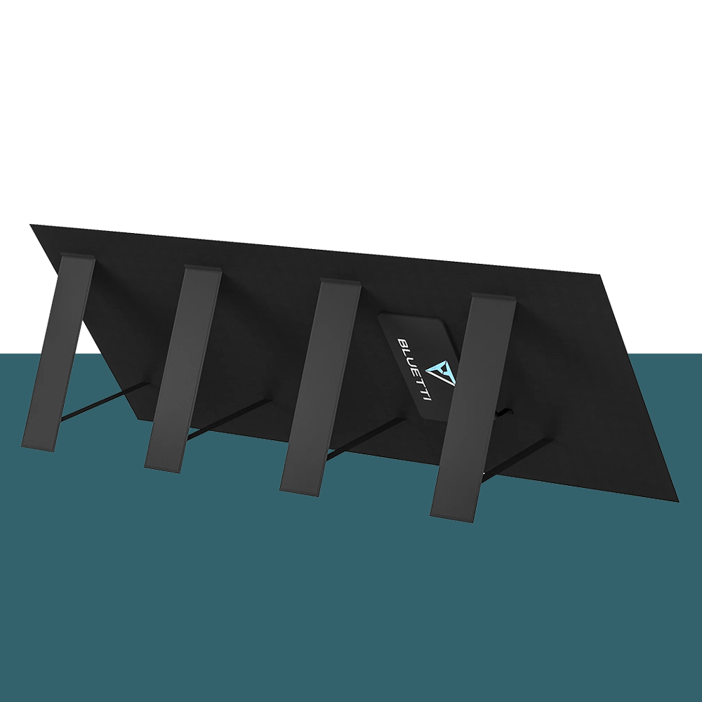 A rear view of the Bluetti solar panel with supportive stands extended, demonstrating its stability and ease of setup for optimal sunlight capture