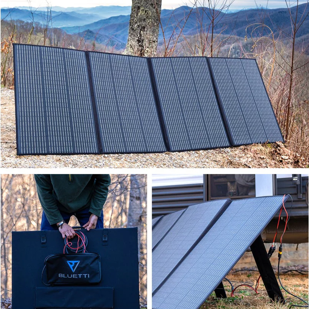 A collage showcasing the solar panel from different angles, including the front view, rear view with kickstand extended, and the convenient carrying position