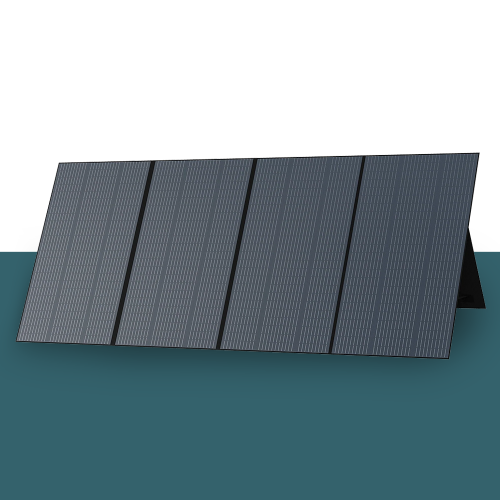 A detailed front view of the Bluetti 350W Monocrystalline Solar Panel showcasing its sleek and modern design. The panel’s surface is fully displayed, highlighting its efficient cell layout and clean finish
