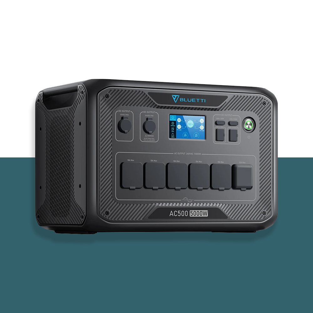 A detailed angled view of the portable power station showing its design and digital display.