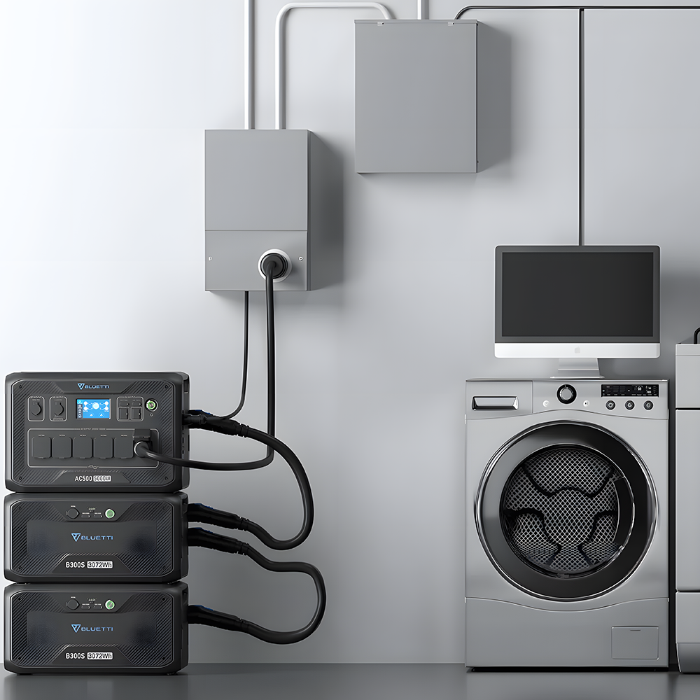 A home application of a portable power station connected to household appliances like a washing machine and energy storage units.