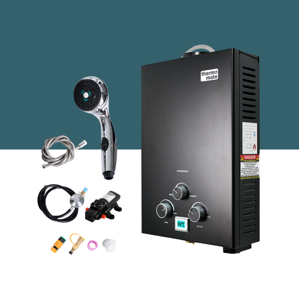 Thermo-mate water heater with shower head and accessories on a white background
