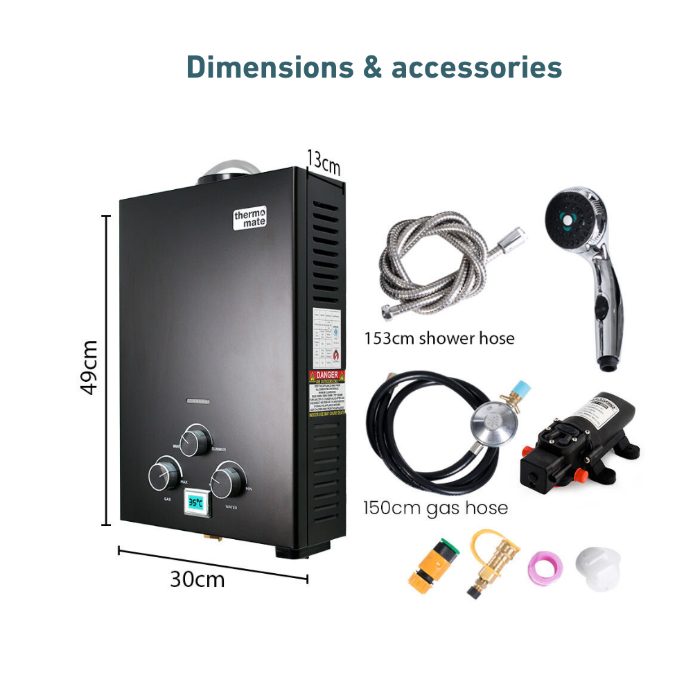 Thermastate water heater with dimensions and accessories on a white background