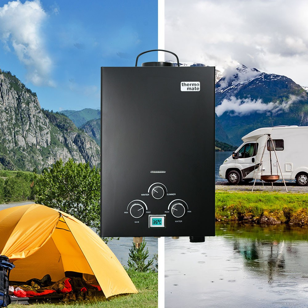 Thermomate water heater with camping scene and RV in the background