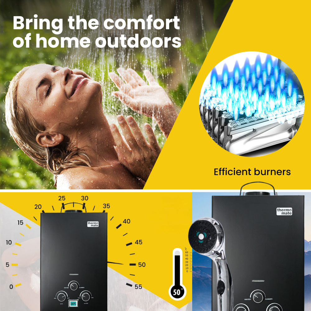 Advertisement for a water heater with a woman showering, efficient burners illustration, and product images.