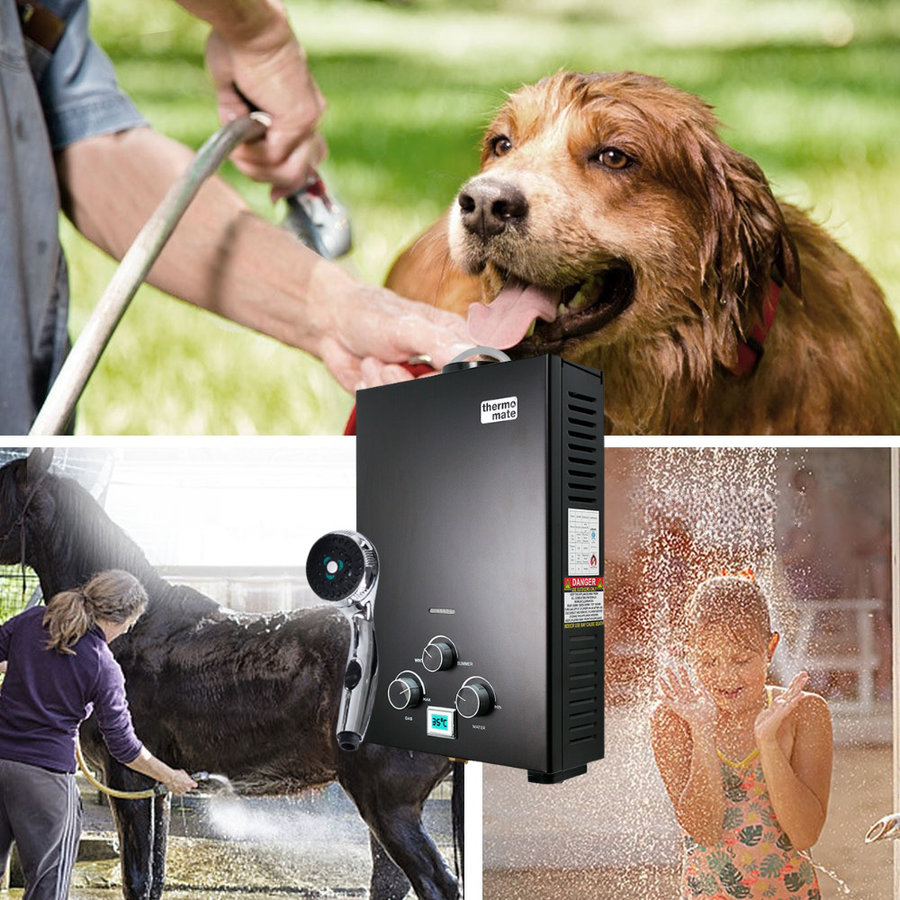 Dog being washed, person washing a horse, and children playing with water, with a central focus on a black water heater.