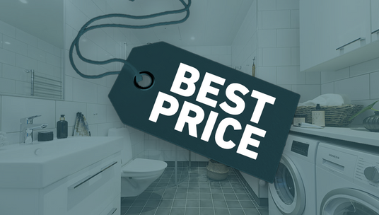 Tag with 'Best Price' written on it, set against the background of a modern bathroom and laundry area, including a washing machine, dryer, and sink