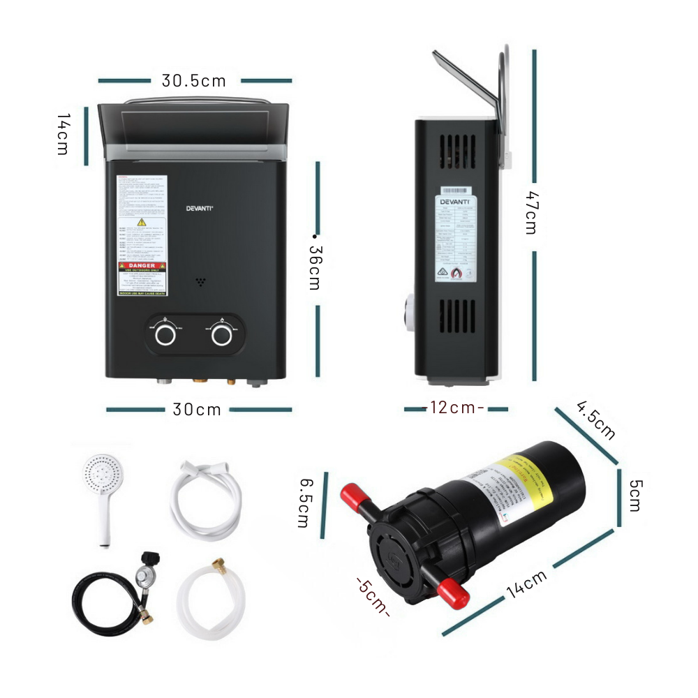 Measurement chart of a water heater and its components on a white background