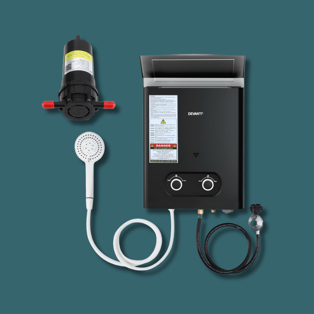 Hot water system with shower head and connectors on a teal background