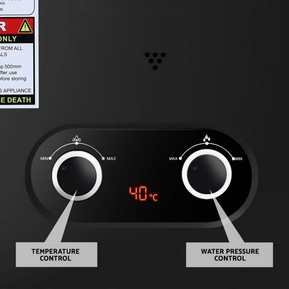 Control panel with temperature and water pressure controls on a black background