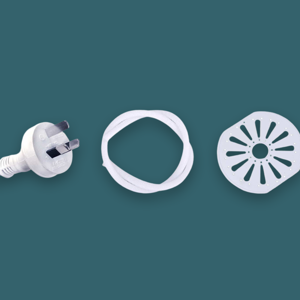 Accessories for the Devanti 5kg Portable Twin Tub Washing Machine including power plug, drain hose, and spin cap
