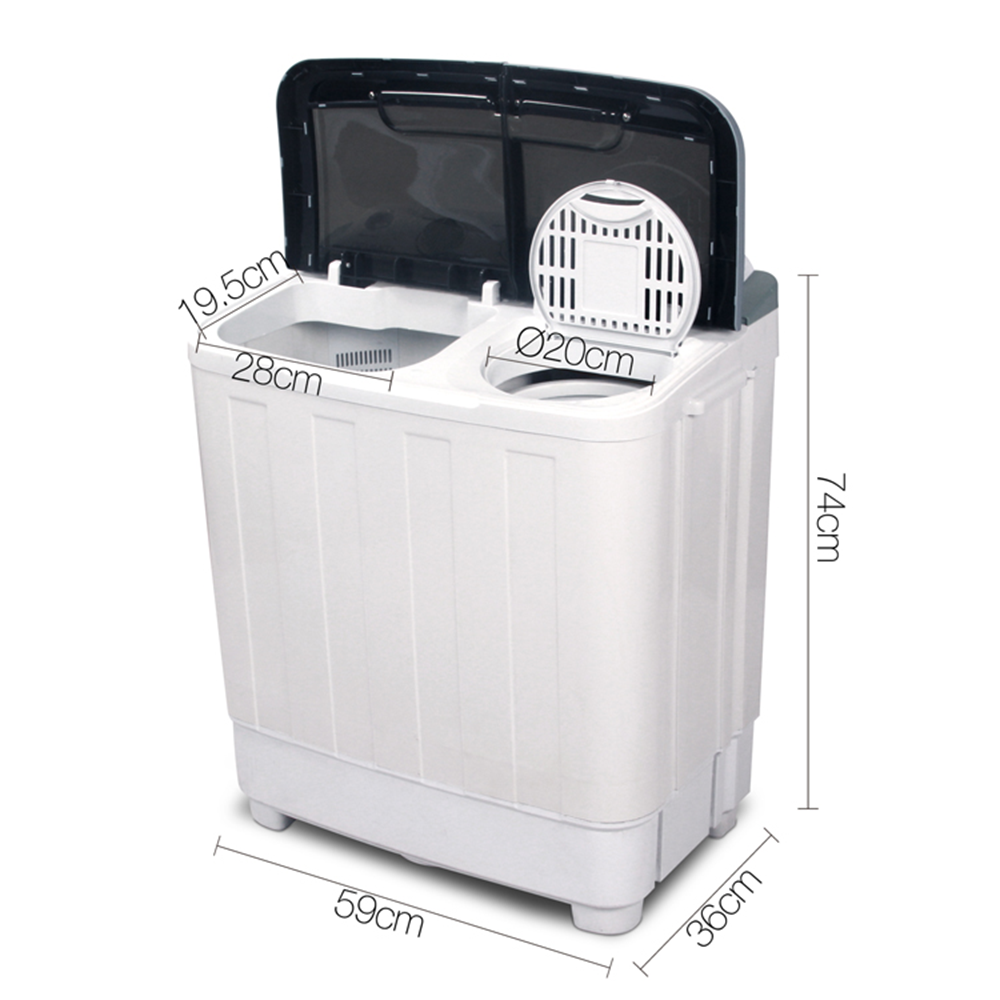 Devanti 5kg Portable Twin Tub Washing Machine with dimensions: 59cm wide, 36cm deep, and 74cm tall