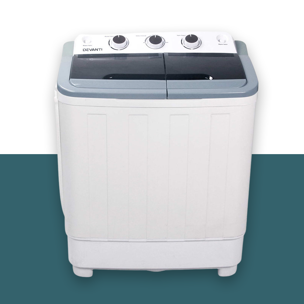 Devanti 5kg Portable Twin Tub Washing Machine front view with both lids closed