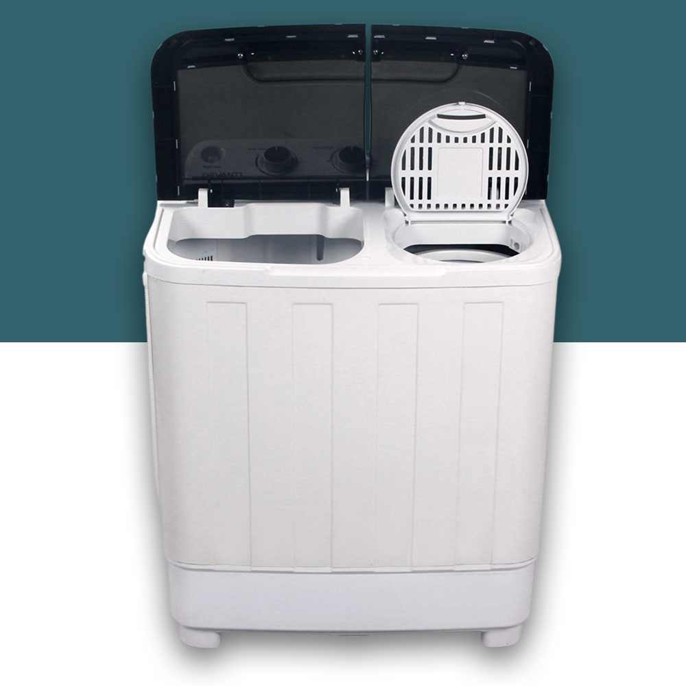Front view of Devanti 5kg Portable Twin Tub Washing Machine with lids open, showing the compartments