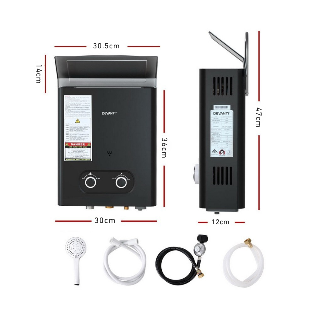 Measurement chart of a water heater with all accessories on a white background