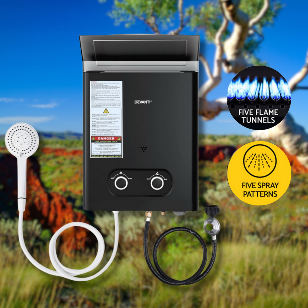 Black gas water heater with shower head and hose against a scenic background