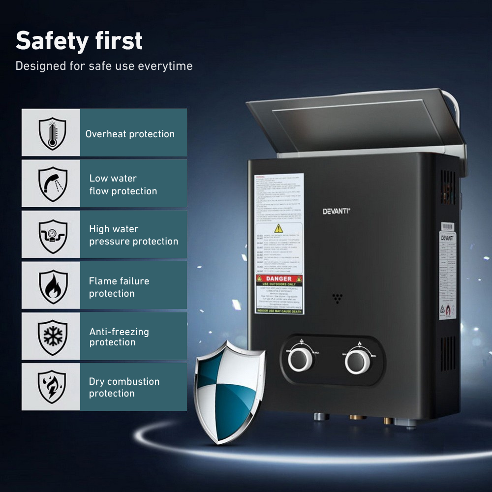 Black water heater with safety features listed on a dark background