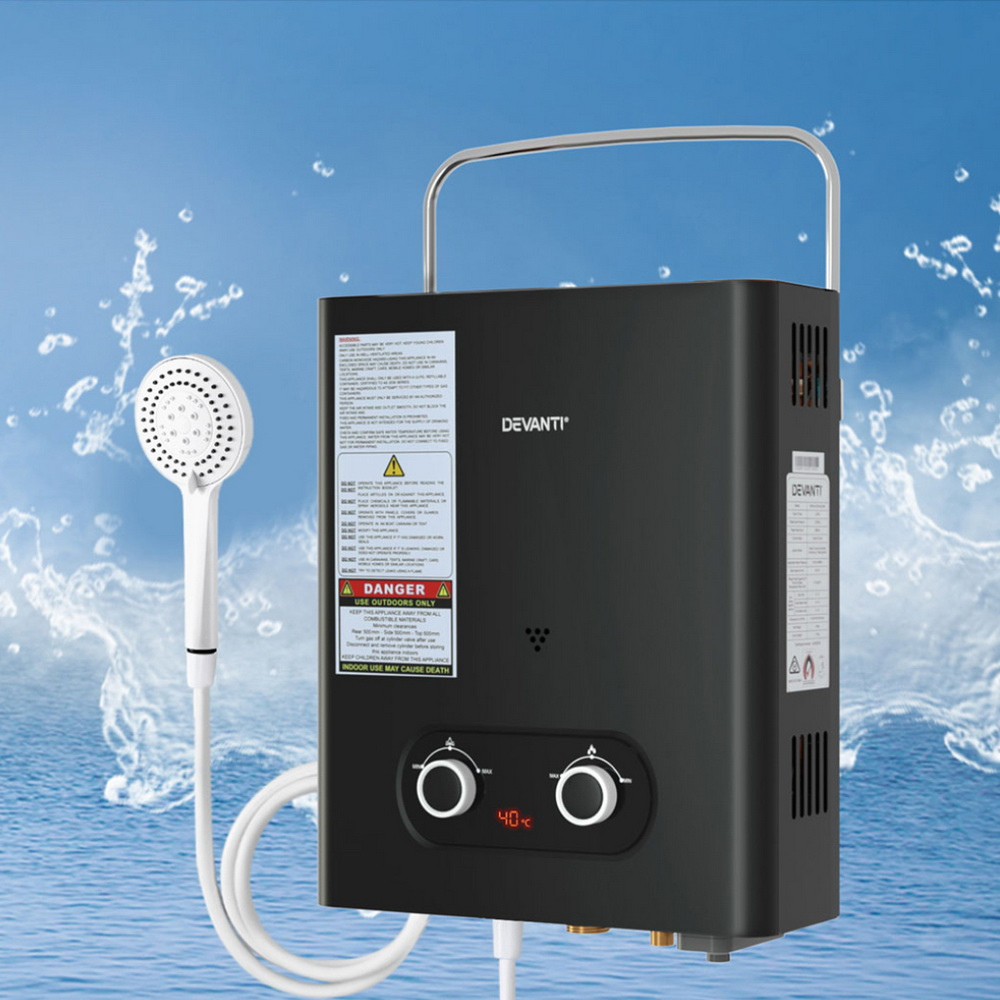 Black Devanti water heater with handheld shower on a blue background with water splashes