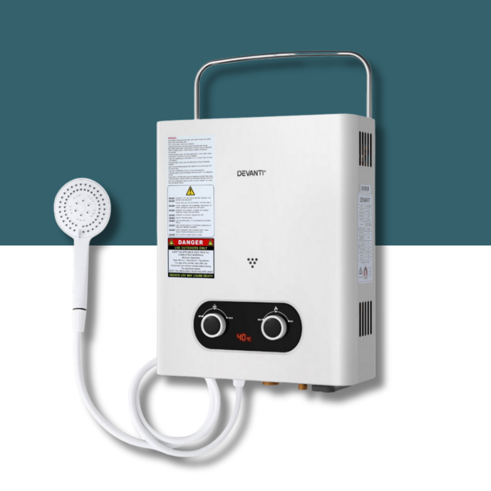 Portable water heater with shower head on a white background