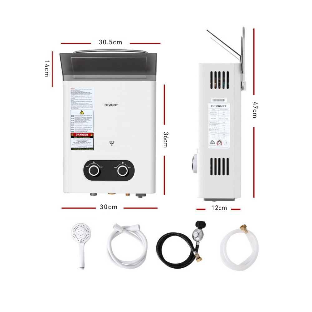 Measurement chart of a water heater with accessories on a white background