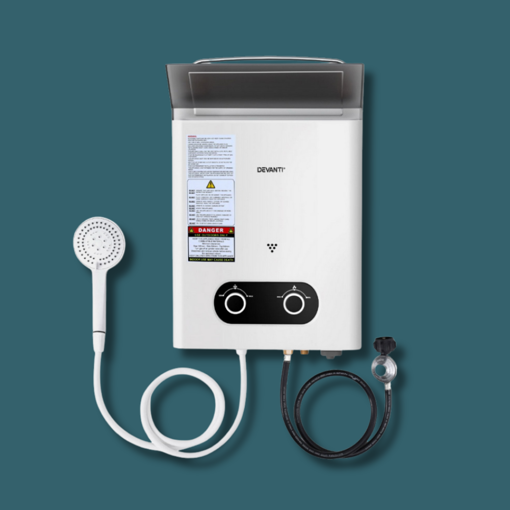 White water heater with shower head and hoses on a teal background