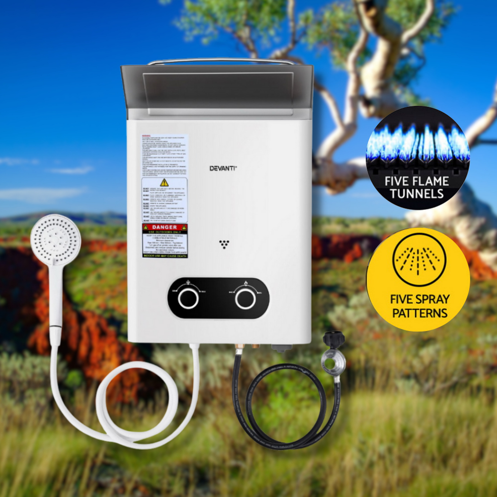 Outdoor gas water heater with features highlighted against a natural background