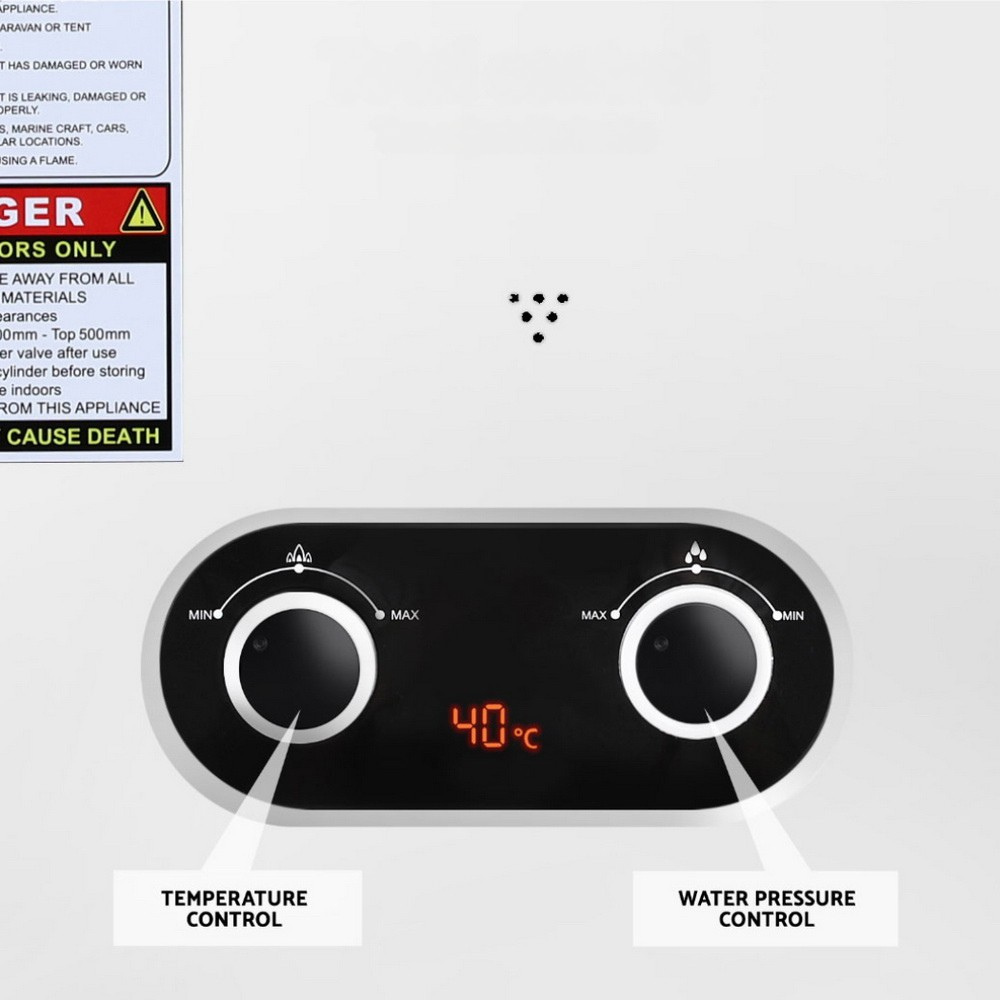 Temperature and water pressure control panel with digital display on a white background