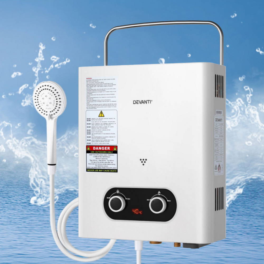 Devanti water heater with handheld shower head on a blue water splash background
