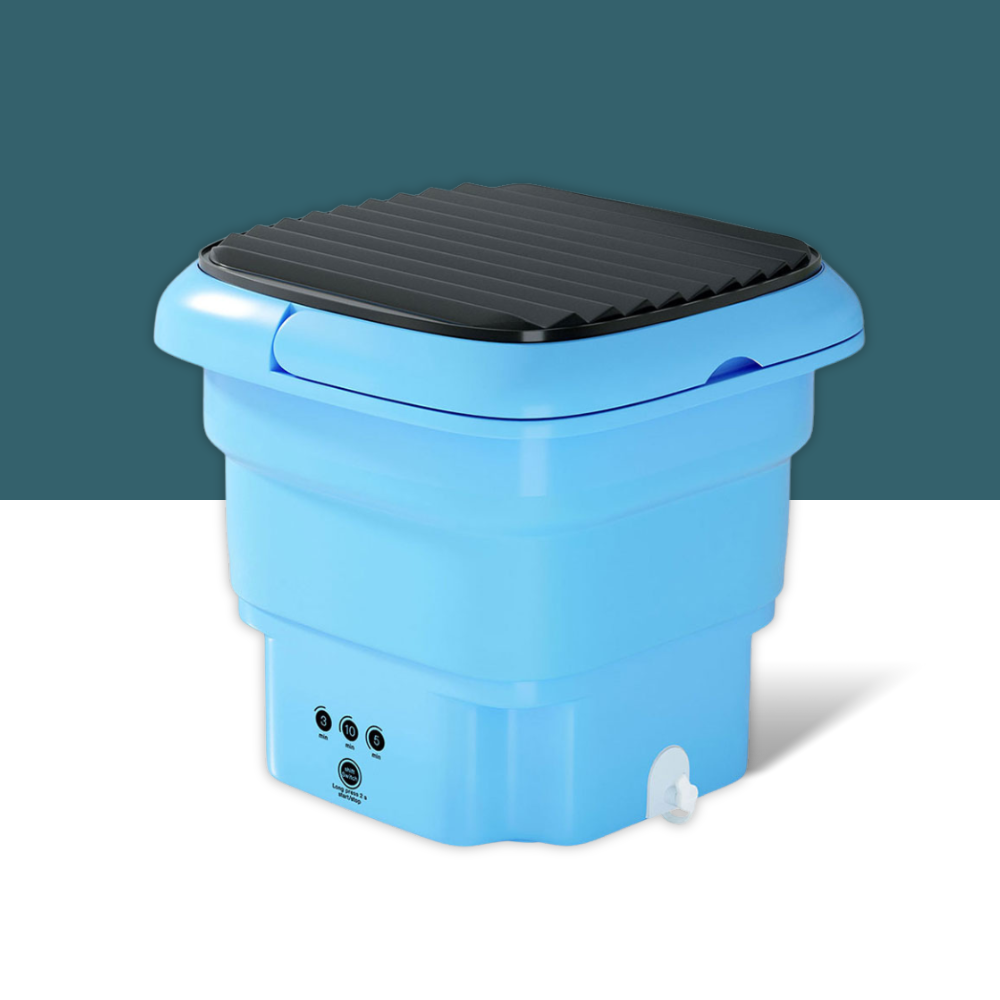 Blue portable mini washing machine with black lid shown slightly angled in use position.