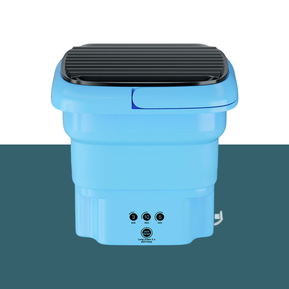 Top view of blue foldable washing machine showing flat, closed black lid.